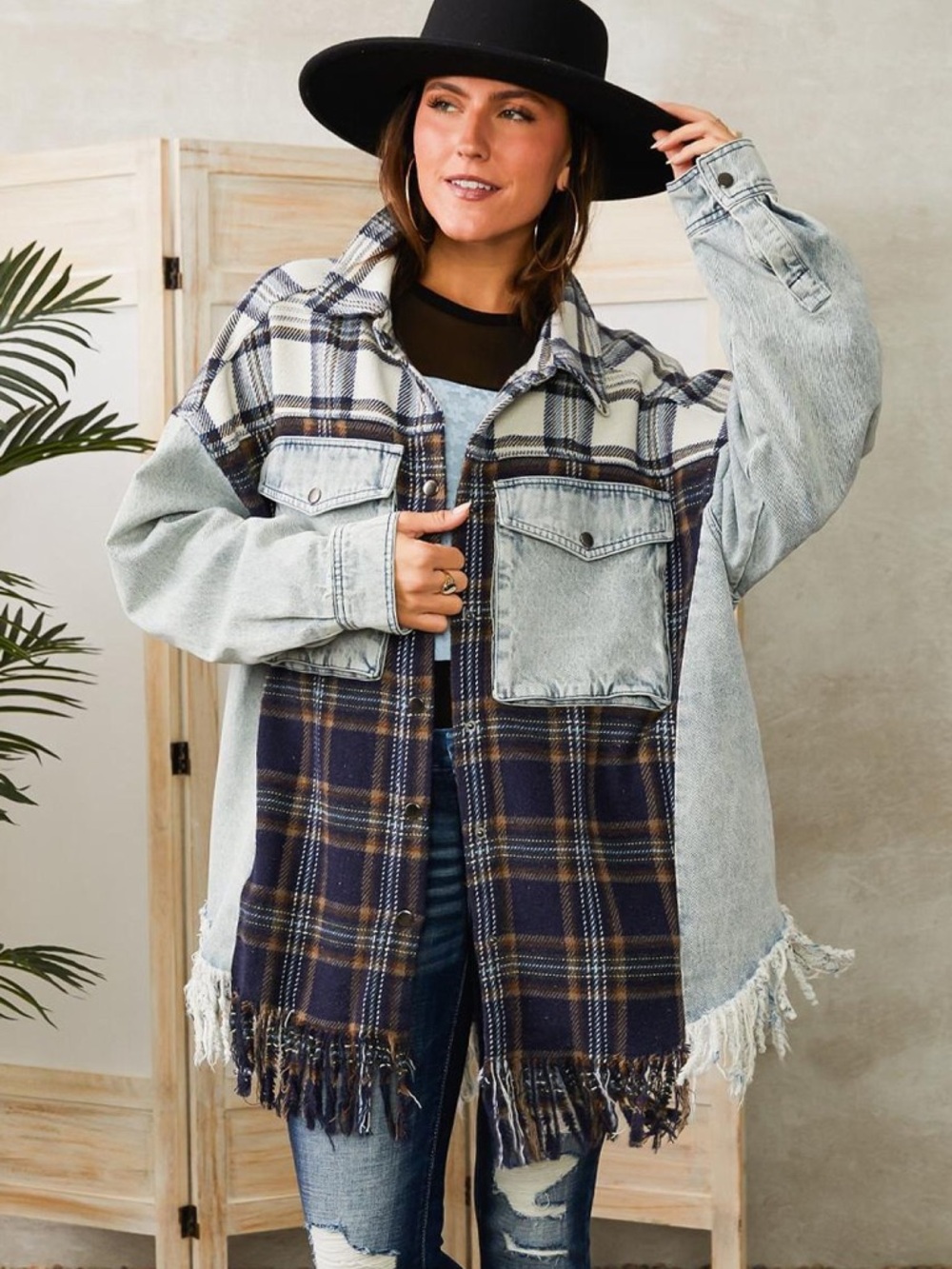 Oli & Hali Plaid Denim Shacket Fringe Hem Women’s M Snap Button Patchwork
